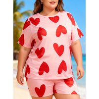 Plus Size Women's 2-Piece Pajamas Set Valentine's Day Heart Print Short Sleeve Top with Shorts Soft Homewear