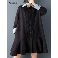 Patchwork Vintage Oversized Shirt Dresses For Woman Spring Summer New Long Sleeve Loose Casual Midi Dress Elegant Clothing 2026
