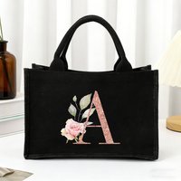Black Canvas Tote Bag, Rose Gold Letter Print Women's Handbag, Large Capacity Portable Casual Beach Bag