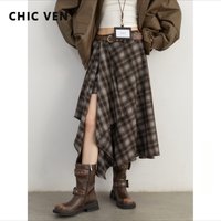 CHIC VEN Women Skirts A Line Retro Loose High Waist Irregular Color Plaid Frosted Half Body Long Ladies Skirt Autumn Winter 2026
