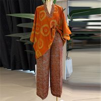 Two Piece Set Womens Outifits Casual Streetwear Sweet Printed V-Neck Bat Sleeve High-Waist Straight-Leg Pants