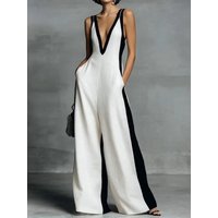 Sexy Deep V Neck Wide Leg Jumpsuit Women Summer Sleeveless Backless Vintage Elegant Color Blocking Pants Jumpusits Woman Romper
