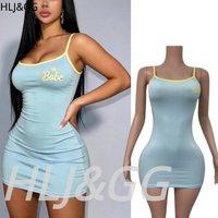 HLJ&GG Blue Sexy Letter Print Bodycon Spaghetti Strap Mini Dresses Women Sleeveless Slim Vestidos Summer New Female Clothes 2026
