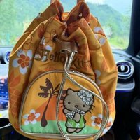 Sanrio Hello Kitty Hawaii Black Skin Large Capacity Silvery Drawstring Double Shoulder Bucket Bag American Retro Hand Held Bag