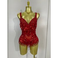 Sexy Luxury Sparkly Rhinestones Sequins Tassel Mesh Bodysuits Women Celebrate Birthday Party Nightclub Bar Dencer Stage Costume