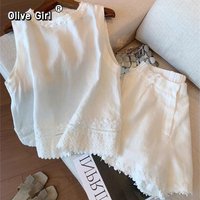 Olive Girl Sleeveless Tee Shirt Fashionable White Sweet Lace Embroidered Shorts Set Summer 2026 Loose Sleeveless Top Shorts