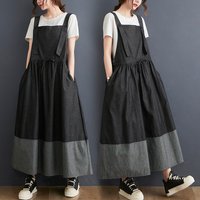 plus Size Denim Color Block Waist Cinched Bib Overalls Long Skirt Trendy Women's Summer Dress Artistic Commute Style Loose Fit
