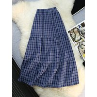 Seoulish Vintage Plaid Patchwork Long Skirt Women Elastic Waist Spring Summer Casual Loose Slim Elegant A-line Midi Skirt