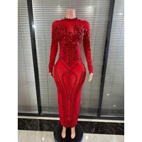 Glamorous Red Sheer Mesh Rhinestone Dress Women Sexy High Neck Long Sleeve Bodycon Evening Singer Stage Performance Gown