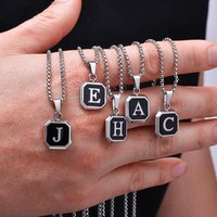Initials Square Pendant Necklace for Men Women,50/55/60CM Waterproof Stainless Steel Necklace,Trendy Jewelry Gift