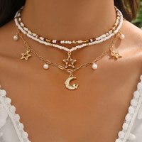 3pcs/set Crescent & Star Beaded Necklace – Layered Seed Bead Strand with Celestial Charms for Summer Looks.