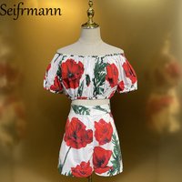 Seifrmann 2026 summer fashion women's two-piece casual printed one neck short sleeved cotton top+shorts set