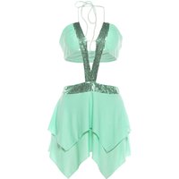Sisterlinda Hottie Sequins Patchwork Dress Woman Lace-Up Halter Backless Irregular Hem Midnight Club Party Sexy Fashion Bodycon