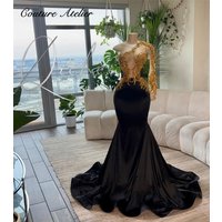 Gold Beaded Crystal One Shoulder Long Sleeve Black Velvet Prom Dresses 2024 African Mermaid Party Evening Dress Customized