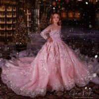 Luxury Pink Tulle Girls Pageant Dresses for Photo Shoot Customized Beads Kids Birthday Prom Gowns Feathers Children Dresses