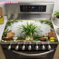 Heat-Resistant Glass Stove Top Cover with Rustic Green Plants & Wooden Cutting Boards Design - Ceramic Dish Drying Mat for Elec