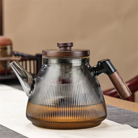 Stripe High Borosilicate Glass Teapot With Walnut Handle Cooking and Steaming Dual Purpose Glass Tea Pot Tea Kettle Teaware