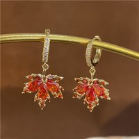 New Design Red Zircon Maple Leaf Pendant Earring For Women Light Luxury Tassel Chain Crystal Earring Exquisite Jewelry