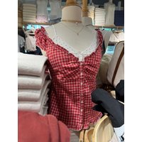 New Red Plaid Slim T-shirt Blouse Woman Ruffles Single Breasted V-neck Short Puff Sleeve Shirt Female Summer Cotton Sweet Tops