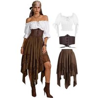 Pirate Skirt Renaissance Spelled Dress Women Pointed Asymmetrical Fairy Pirate Costume Medieval Farmer Top Halloween Set