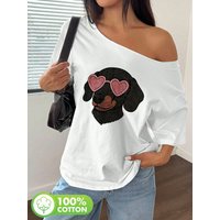 Plus Size Dog Heart Sunglasses Sketch Graphic Tee 100% Cotton Shoulder Loose Print T-Shirt Oversized Y2K Style Graphic Tees W