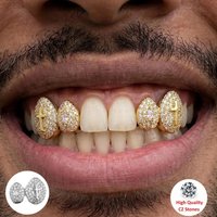 2PC Hip Hop Double Teeth Grillz Set Men's Solid Holy Cross CZ Top & Bottom Teeth Rapper Punk Style Shiny Christmas Gift