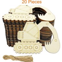 20pcs Unfinished Excavator Wood Construction Vehicle Craft Cutout Wooden Car Shaped Hanging Ornaments with Hole Hemp Ropes