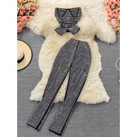 Ruffled Sexy Outfits Women Diamond Tank Top Two-piece Suit High-waist Stretch Pants Fashion Ladies Punk Style Streetwear Set