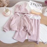 Children's Pants Set Cute Girls Rabbit Ear Lace Hooded Sports Hoodie Pink High Waist Loose Trousers Two Piece Set Spring New
