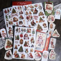 Vintage Xmas Santa Claus Rub-On Stickers Retro Christmas Tree Scrapbooking DIY Transfer Decals for Junk Journaling Supplies