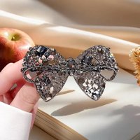 Shiny Rhinestone Hollow Bow Hairpin High-end Black Crystal Bow Side Bangs Clip Metal Duckbill Clip Women's Hair Accessories
