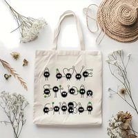 Cute Dog Cat Sheep & Soot Sprites Print Canvas Tote Bag, Shoulder Bag, Gift for Animal Lovers & Studio Ghibli Fans for Daily