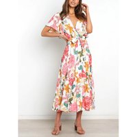 Summer V-neck Floral Short Sleeved Waist Length Dress with Elegant Temperament and Knee Length Skirt