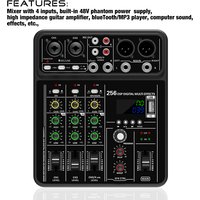 Audio Interface Mixer with Bluetooth USB Recording Computer 48V Phantom Power Delay Replay Effects, 4-Channel Audio Mixer