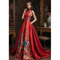 Luxury Red Satin Floral Printed Prom Dress Elegant Halter Neck Backless Maxi Gown Vintage High End Wedding Guest Party Vestidos