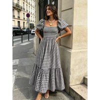 2026 Spring Summer New Women's Plaid Elegant Boho Casual Bubble Sleeve Ruffle Hem Pleated Dress, Perfect for Concerts, Valentine