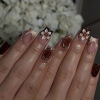 24pcs Brown Retro Short Square Press on Nails 3D Flower Stick on Nails Leopard Print French Fake Nails Nude Pink False Nail Art