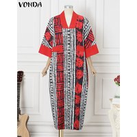Plus Size VONDA Print Dress Women Summer Party Maxi Vestido 2025 Vintage V-Neck 3/4 Sleeve Casual Oversize Bohemian Robe 5XL