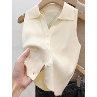 Collar Thin Knitted Strap Vest Women Summer Outerwear Chic Sweet Slim Fit Shoulder Open Sleeveless Top