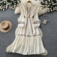 Bohemian Maxi Dress Women Vintage Embroidered Long Sleeve Bow A-Line Swing Dress Fall Spring Loose Fit Female Vestido DS540