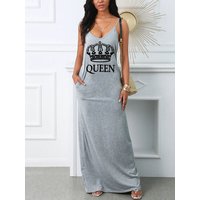 Women's Summer QUEEN Letter Printed Slim Fit V-neck Sexy Dress Puff Short Sexy Women's Clothing Vacation Female Dresses