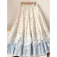 Kawaii Floral Tiered Maxi Skirt | Lace Trim Ruffle Hem | Elastic Waist Cottagecore A-Line Skirt Sweet Girls Elegant Lady Casual