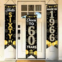 Hello Sixty Cheers to 60 Years Banner Set, Black Gold 60th Birthday Door Porch Signs, Made in 1966 Party Decor