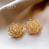 Plated 18K Gold Color Zircon Hollowed out Flower Stud Earrings For Women 2025 New jewelry Elegant Accessories for Girls Trendy