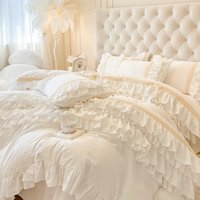 White Princess Wedding Bedding Set 100% Cotton Double Layer Lace Ruffles Duvet Cover Bed Sheet Pillowcases Solid Color Bed Sets