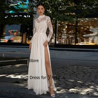 Fashion Wedding Dresses Side Slit Ivory Bridal Gowns Court Train Full Sleeve New Vestido De Novia High Neck Robe De Summer New