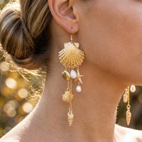 Mermaidcore Large Statement Earrings for Women Gold Color Shell Imitation Pearl Tassel Drop Boho Festival Beach Summer Jewelry