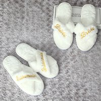 Wedding Bride Slippers Bridesmaid Slippers Embroidered Plush Open Toe Slippers Gifts for Bridal Shower Bachelorette Party