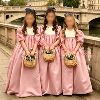 Elegant Pink Tulle Puffy High Neck Flower Girl Gown Pearl for Balloon Sleeve Prom Birthday Evening Gown Wedding Dresses