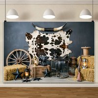 Rustic Western Backdrop Cowboy Theme Photography Background With Cow Print Saddle Hay Bales For Birthday Party Studio Decoration